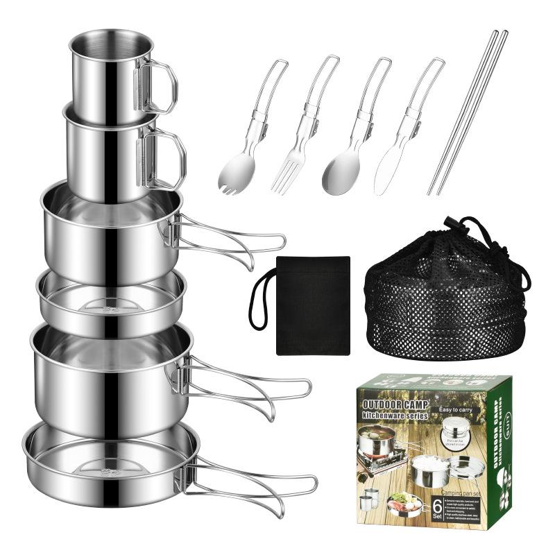 304 Stainless Steel Camping Cookware Set Foldable Tableware Combo Kit for Outdoor Picnic Backpack Cooking Use