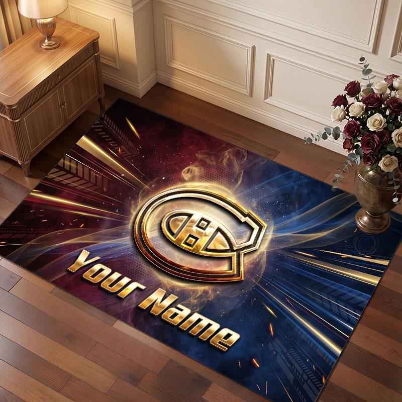 Montreal Canadiens Personalized Crystal Velvet Carpet, Customized Name Text Soft Anti‑Slip Rug for Living Room Bedroom