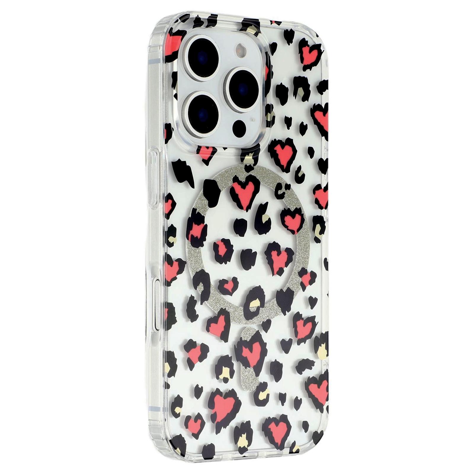 

For iPhone 16 Pro Magnetic Case Clear Anti-Yellowing PC+TPU Phone Back Cover Leopard Print Design Red