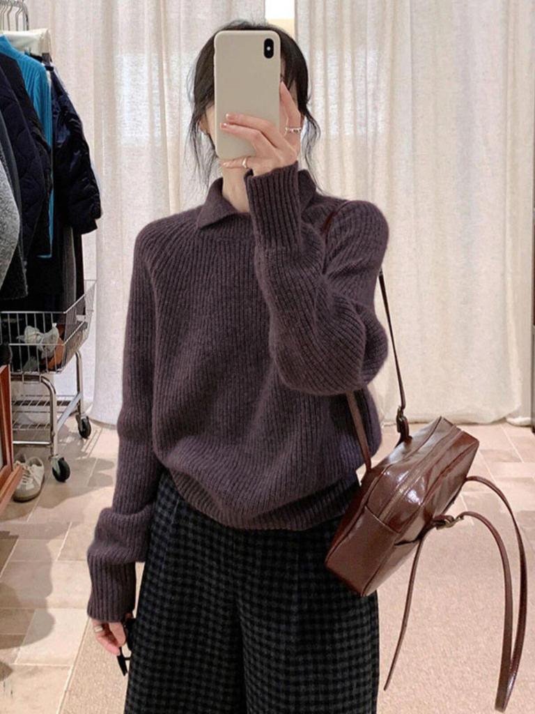 Women's Fuzzy Gray Lapel Sweater - Cozy Korean Loose Fit for Autumn/Winter