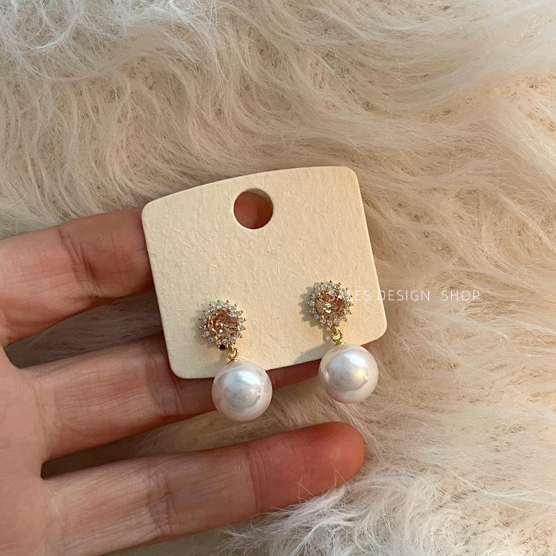 Exquisite French Sunflower Pearl Zircon Stud Earrings - High-End, Versatile & Luxurious
