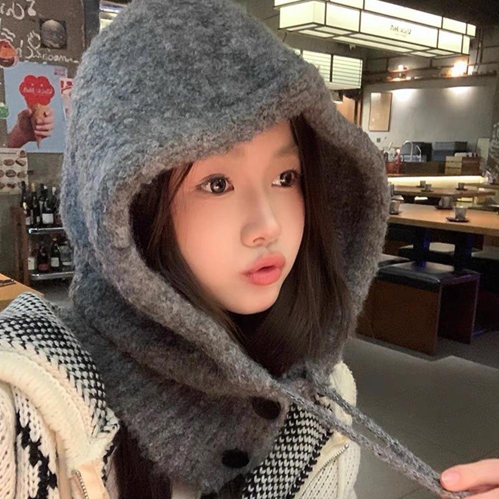 Solid Color Women  Balaclava Hat and Scarf Integrated Windproof Cap Knitted Pullover Hat  Outdoor