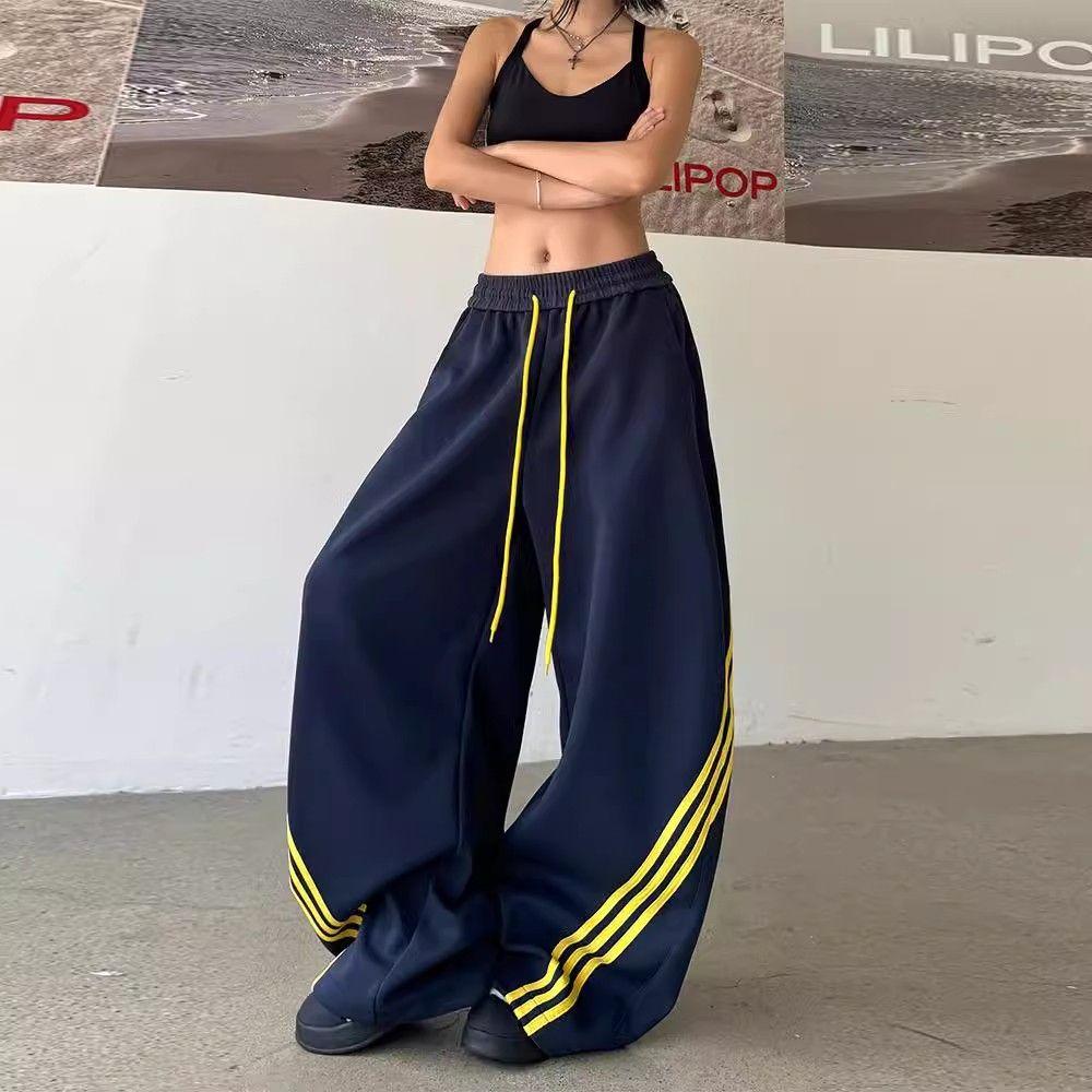Street Gestreifte Kontrastierende Weitbeinige Hose, Garderobenhose, Herren und Damen, Retro Elastischer Kordelzug Drapierte Lässige Sporthose