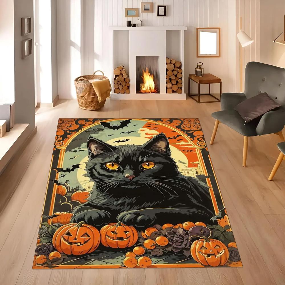 Vintage Zwarte Kat Print Vloerkleed, Art Nouveau Bloemen Halloween Vloermat voor Woonkamer Slaapkamer Speelkamer Studentenkamer Huisdecoratie