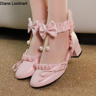 Moda Primavera Encaje Correa de Tobillo Mujer Tacones Altos Mary Jane Zapatos de Salón Perlas Fiesta Boda Cosplay Blanco Rosa Bola de Pelo Lazo Princesa Lolita Zapato