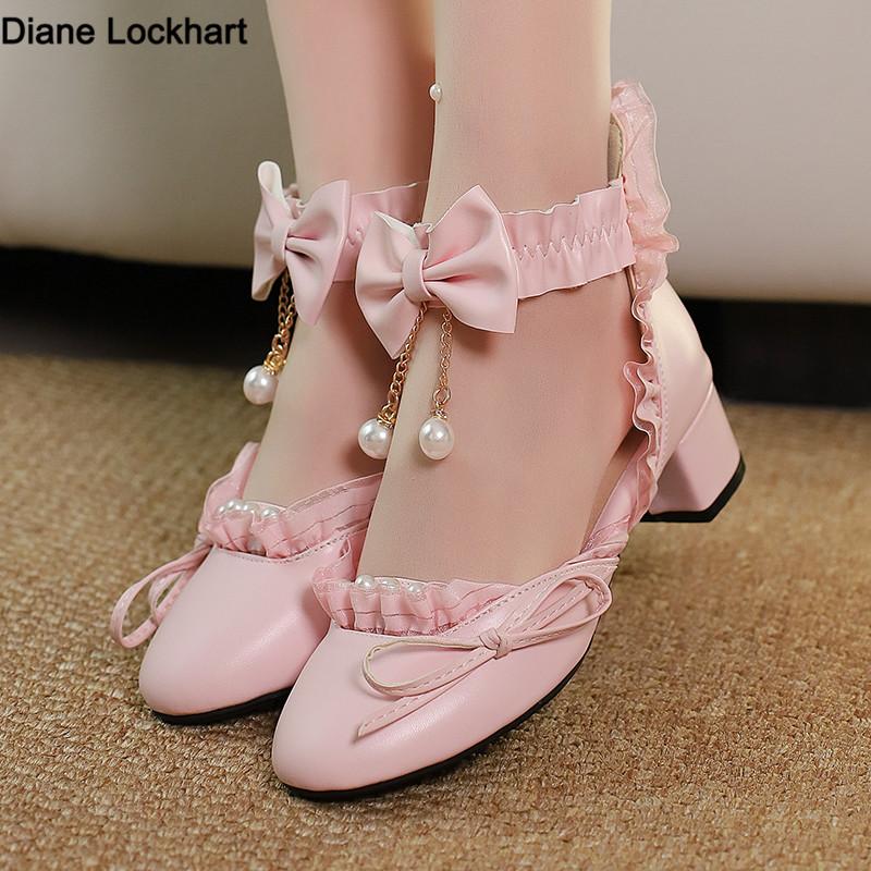 Fashion Spring Lace Ankle Strap Women High Heels Mary Jane Pumps Bead Party Wedding Cosplay White Pink Hairball Bow Princess Lolita Shoe