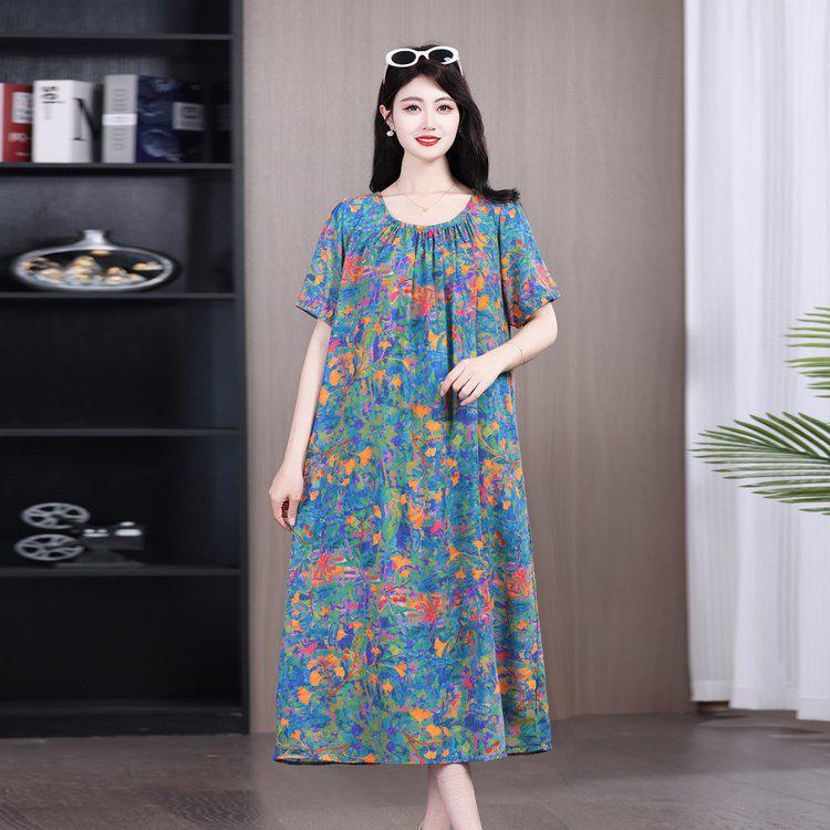 Summer 2026 Plus Size Cotton Silk Long Dress for Middle-Aged Women