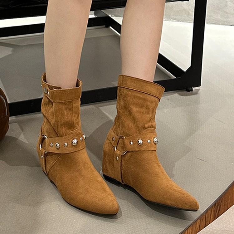 Short Boots Women's Boots Inner Height Increase 2025 Autumn and Winter New European Beautiful Women's Boots Flat-bottomed Suede Short Boots Pointed Th