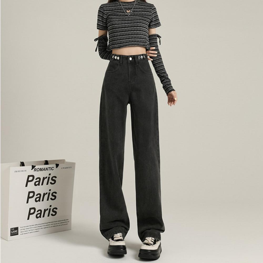 

Женские джинсы с высокой талией, регулируемые, с широкими штанинами, новинка осени и зимы 2025 года, маленькие прямые, свободные и стройнящие джинсы 2XL