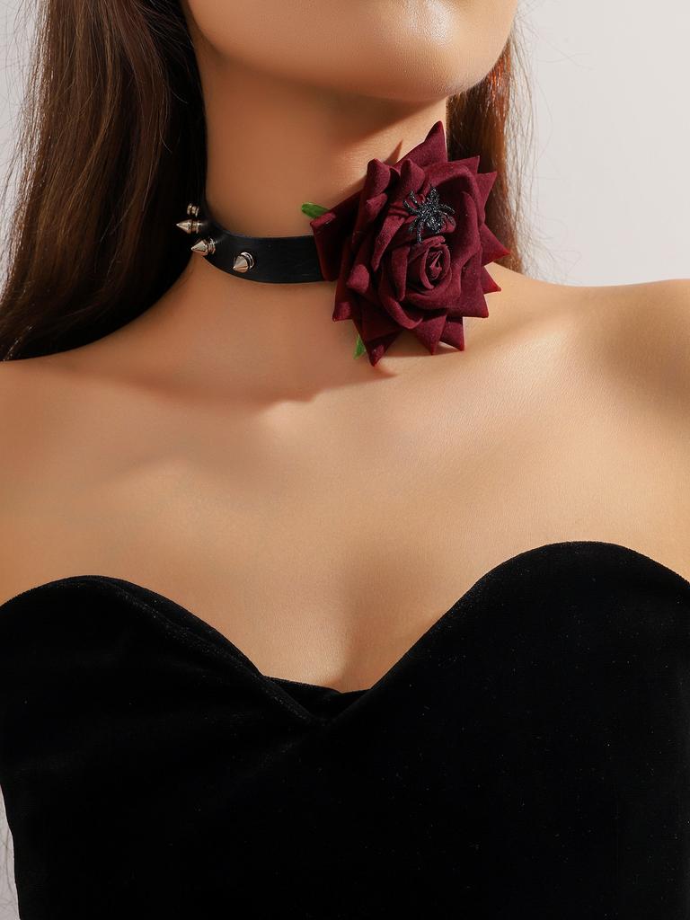 Vintage Black Lace Rose Necklace Bracelet Ring Set Women's Dinner Party, Dark Wind Neck Chain Bracelet