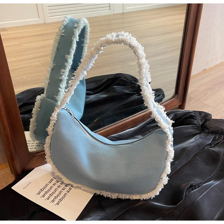 

Trendy personality trend denim fringed chain crescent small square bag portable shoulder messenger women s bag fashion versatile tide синий