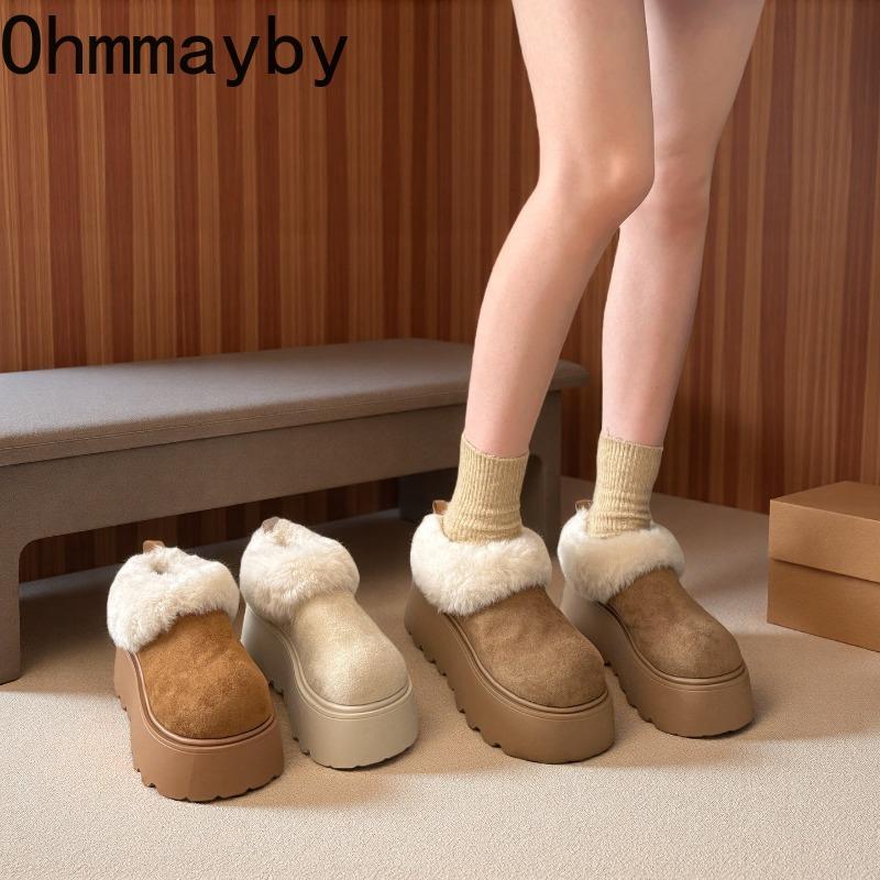Winter Platform Flats Women Fur Lining Snow Boots Concise Round Toe Slip On Shoes Ladies Comfort Warm Cotton Short Booties