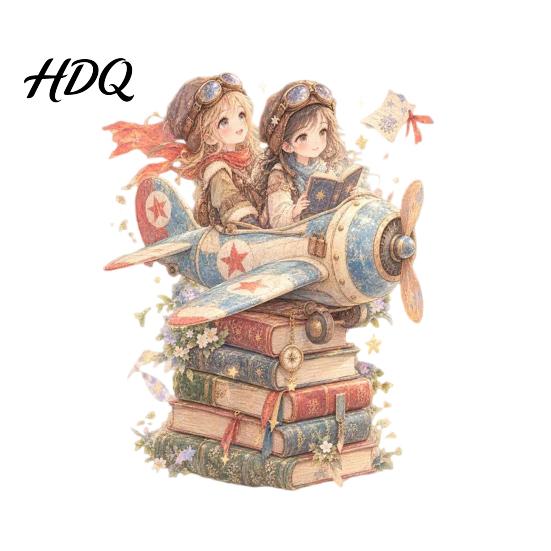 Unique Gift Ideas for Kids Room Pilot Girls Wall Sticker Self-Adhesive Watercolor Airplane and Stacked Book PVC Decal Removable Stickers Nursery