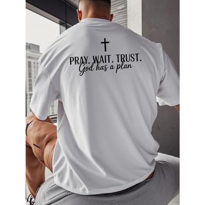 Taglie Europee T-shirt Cristiana da Uomo - "Prega Aspetta Fidati Dio Ha un Piano" Stampa Posteriore Religiosa, Abbigliamento da Chiesa Morbido Traspirante