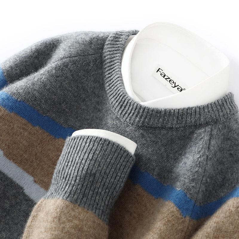 Herren Pullover mit Farbblockmuster, Wolle, Herbst/Winter 2025 - Rundhals, Lockerer Sitz, Gestricktes Basis-Oberteil.