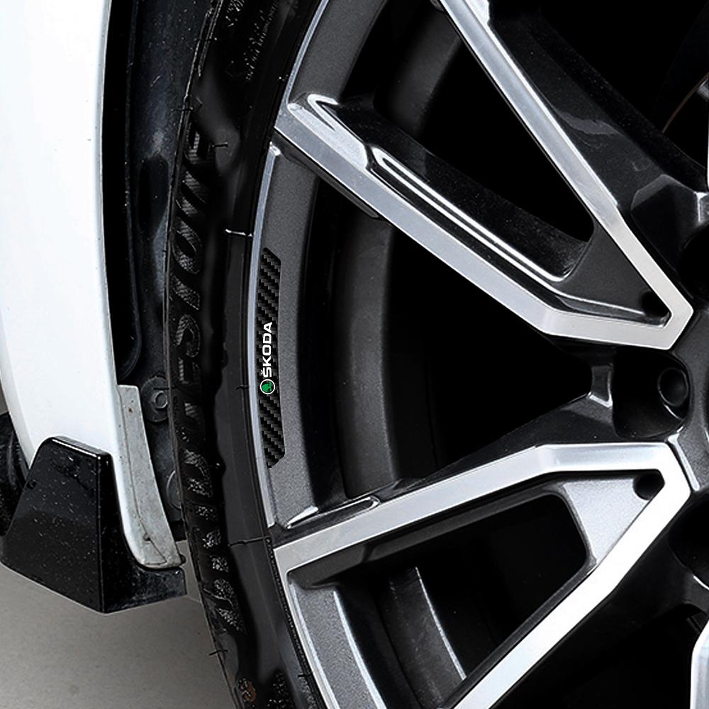 4PCS Carbon Fiber Tire Rim Sticker Car Emblem Wheel Rim Decal Decor Accessories For Skoda Octavia Superb VII VRS Fabia Rapid S kybf34
