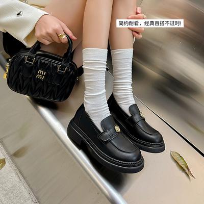 Inner Height Increase 7CM Platform Loafers Women's Spring 2025 New Black Round Head Camellia Thick Heel Small Leather Shoes