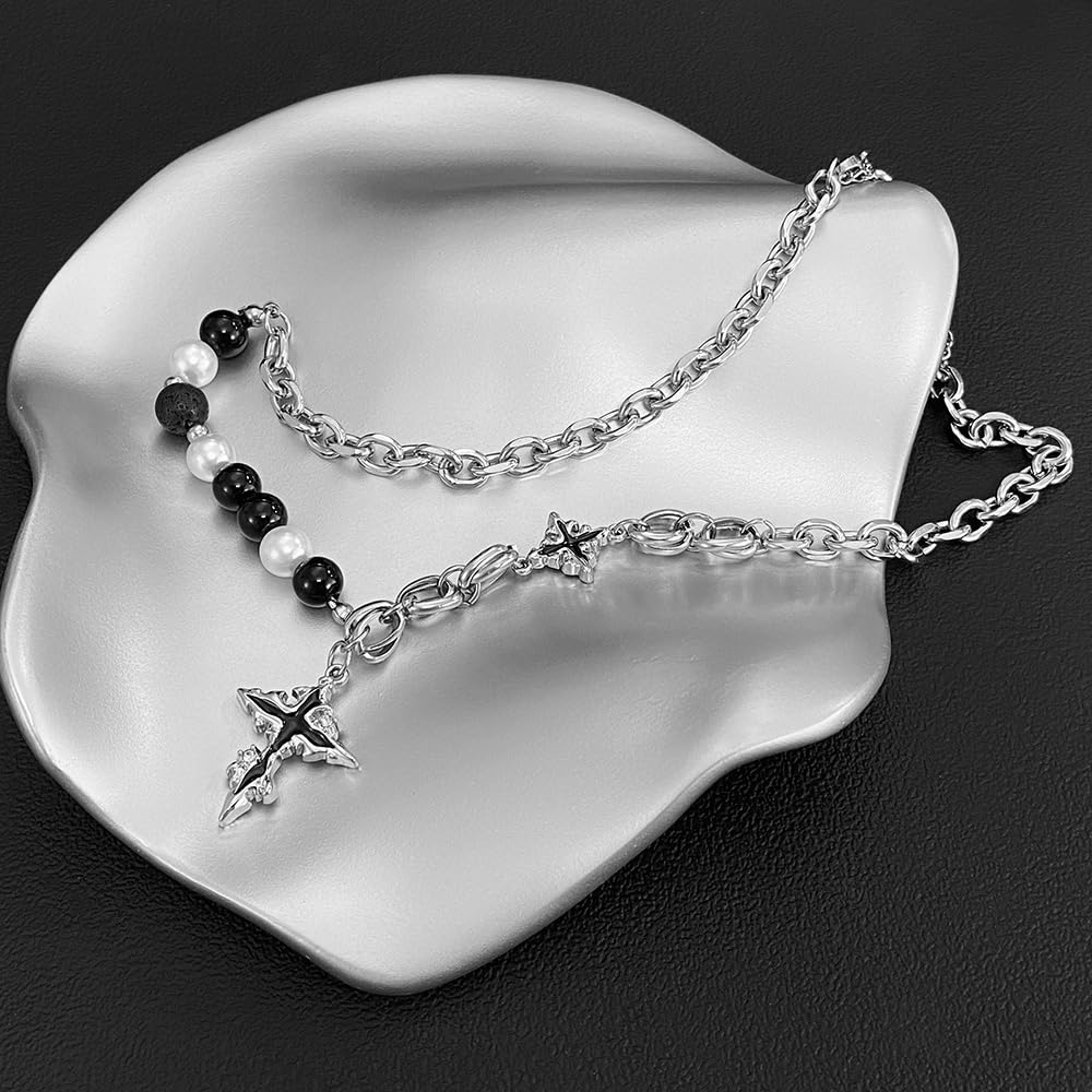 Cross Stainless Pearl Volcanic Rock Silver Chain Long Vintage Cross Gift [Rockyu] Men's Necklace, Steel, & Beads, Pendant, Necklace, Style, Accessory,