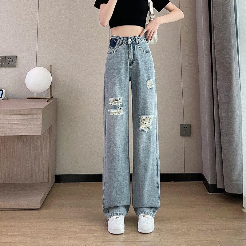 

Women s High-Waisted Wide-Leg Jeans - Contrast Color, Loose Ripped Design, Casual, Flaw-Hiding, Floor-Length, Trendy Straight-Leg Style. L светло-синий