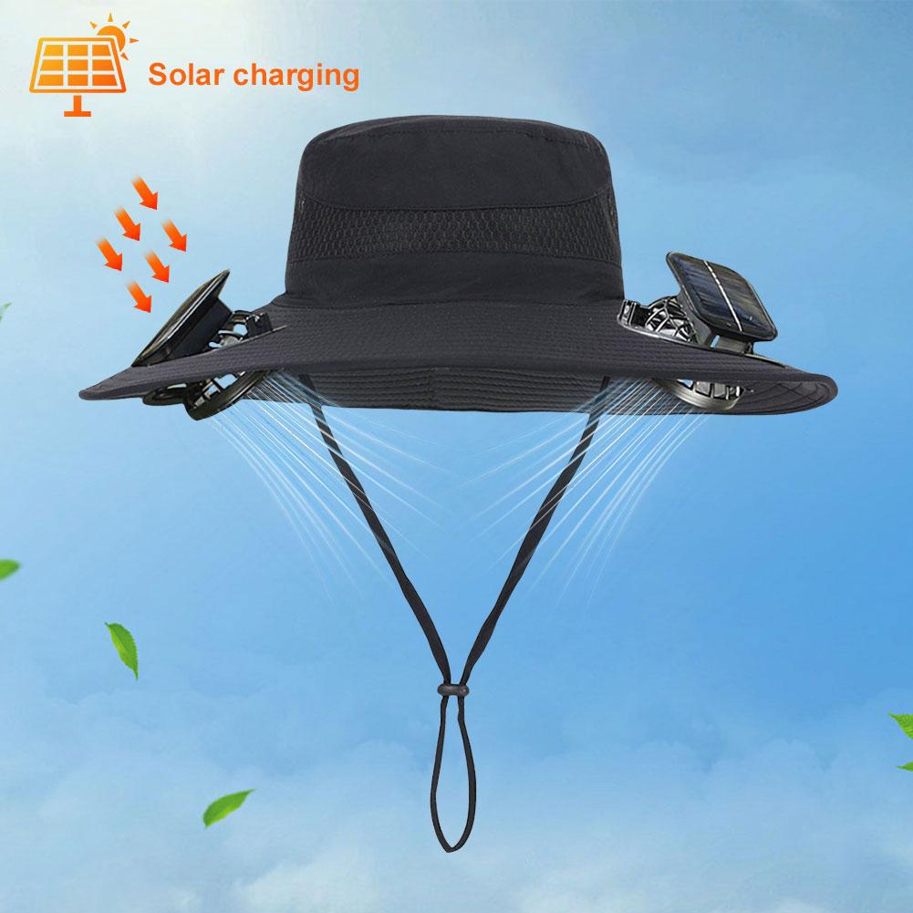 Solar Fan Sun Hat with 2 Solar Fan Outdoor Fishing Hat Wide Brim Bucket Hat for Men Outdoor Camping Fishing Hiking