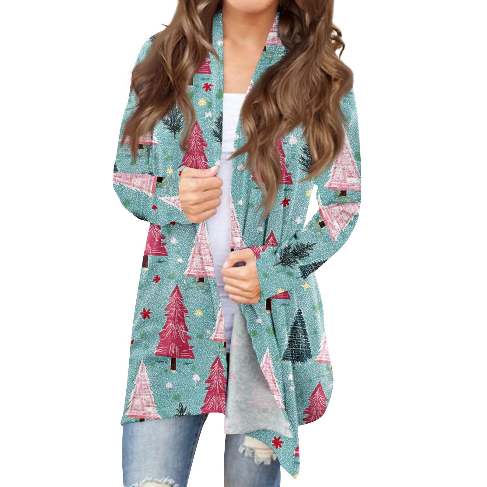 

Women s Fashionable Loose-Fit Casual Cardigan With Christmas Print Mid-Length Coat XL небесно-голубой