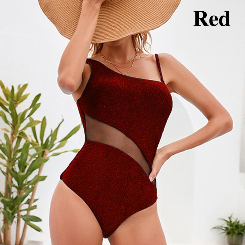 Nová móda Jednobarevná Lesklá síťovina Spliced ​​One Piece Bikini Plavky Sexy krajkové duté plavky s otevřenými zády Exquisite zlaté plážové bikiny