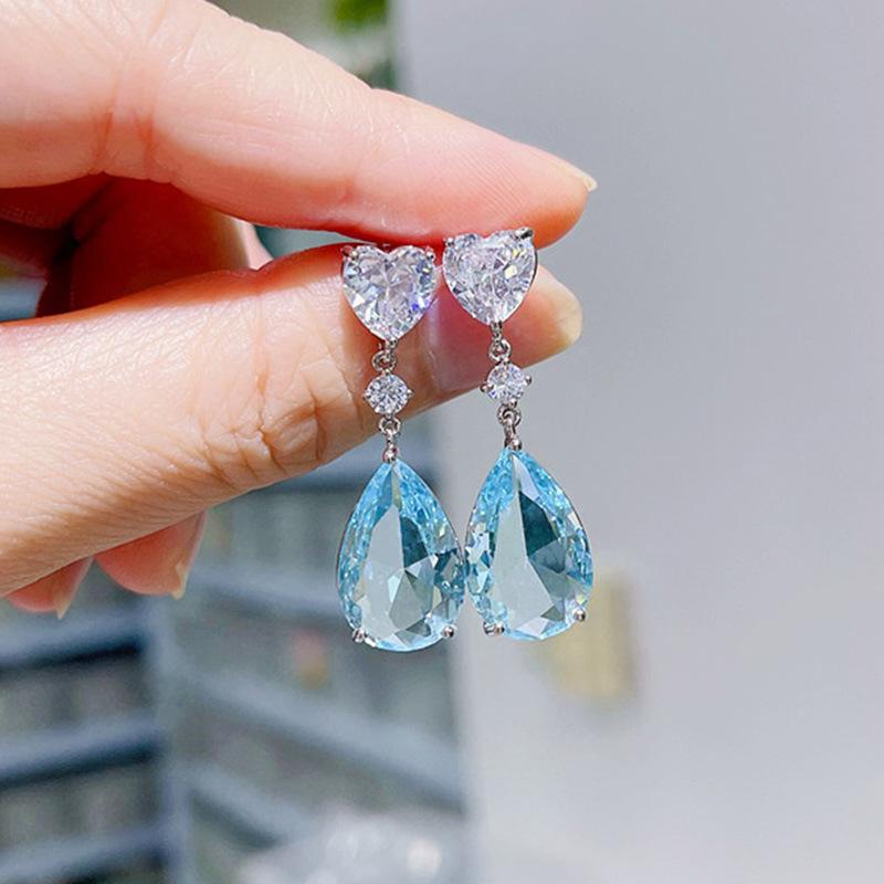 Sweet And Luxurious Jewelry, European And American Sparkling Personality, Bride'S Wedding, Blue Zircon Earrings