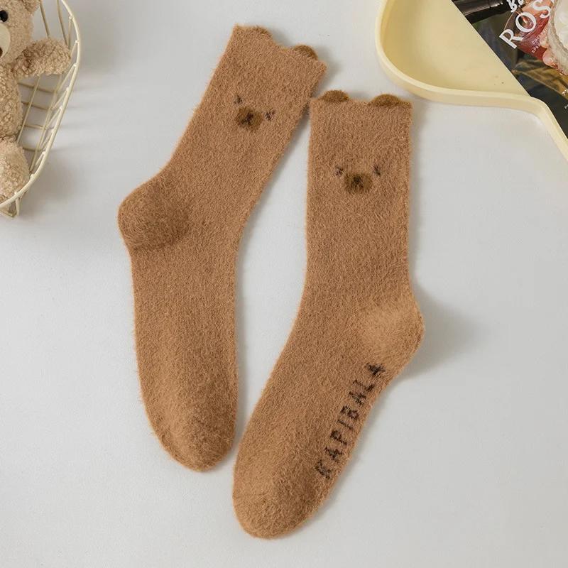 

5Pair Cartoon Furry Capybara Mink Socks for Women Sweet Winter Plush Thickened Thermal Warm Mid-tube Stockings Floor Sleep Socks