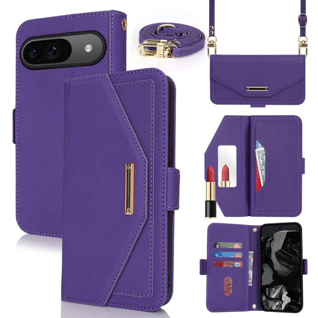 For Google Pixel 9/9 Pro Stand Case Cross Texture PU Leather Wallet Phone Cover with Shoulder Strap/Makeup Mirror