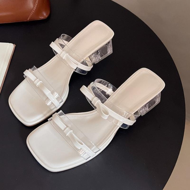 Fashion Summer New Block Heel Slippers Women's Fashion Square Toe Open Toe Bow Non-Slip Wear-Resistant Square Heel Cool Mopping