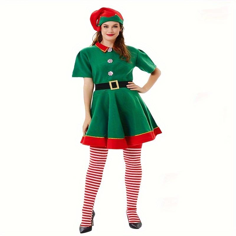 Women Christmas Elf Costume Set Elf Dress Hat Belt Holiday Parties Halloween Universal Adult Novelty Outfit without Feathers