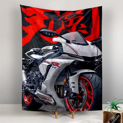 Tapestry White Sportbike Motorcycle Red Japanese Calligraphy Poster Wall Hanging for Biker Room