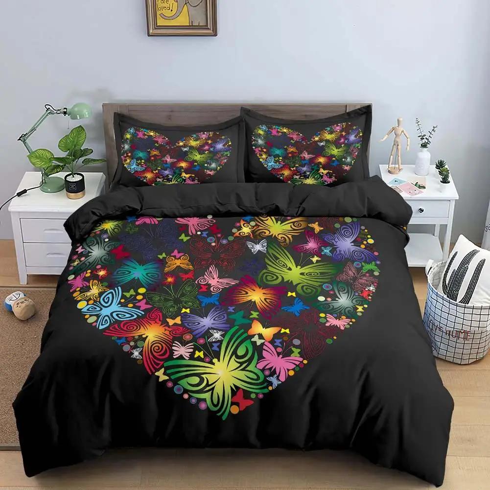 Butterfly Duvet Cover Set Colorful Butterfly Heart Shape Comforter Cover Spring Fresh Style Animal Polyester Bedding Set Girls