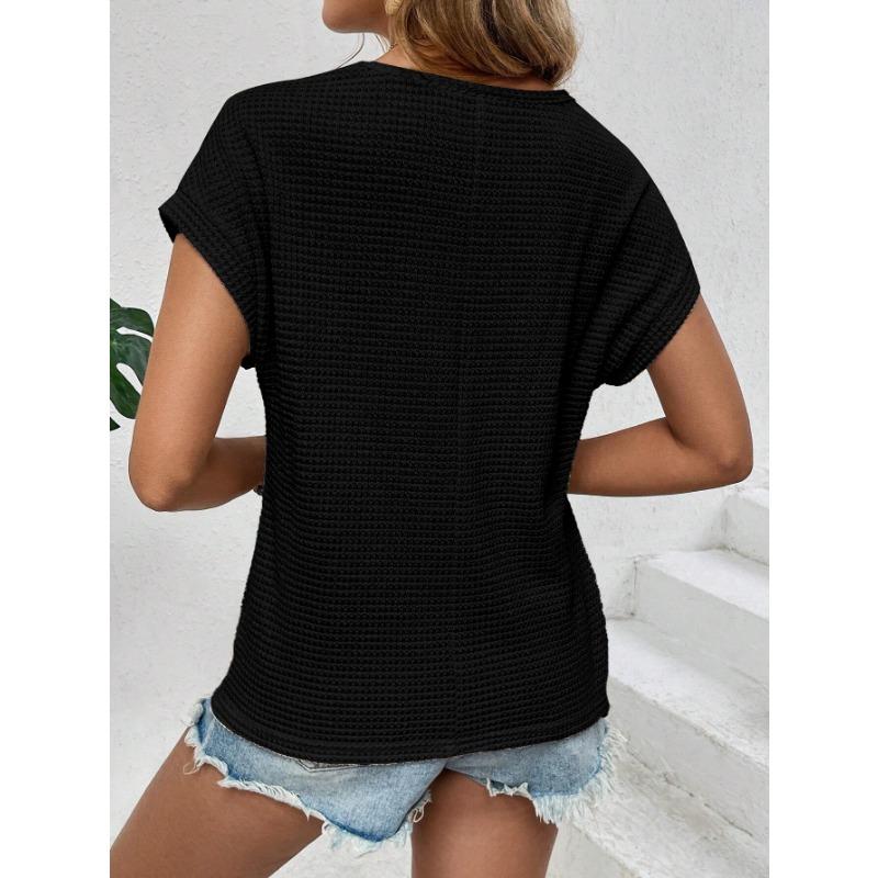 VEZFAA Women's Fashion Casual Summer Spring Solid Color Print Short Sleeve O-Neck Blouses & Shirts