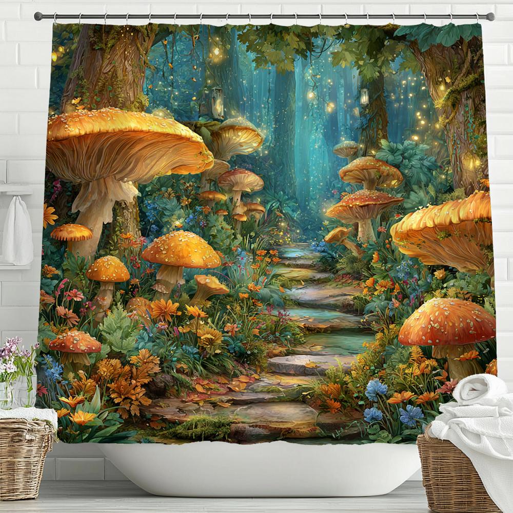 Fairy Tale Forest, Mushroom House Shower Curtain, Bathroom Decorative Shower Curtain, Waterproof Shower Curtain with Hooks