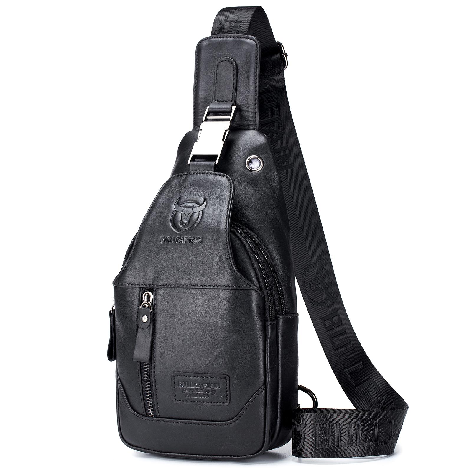 

Мужская кожаная сумка-слинг, водонепроницаемый рюкзак через плечо на груди, на плечо для пеших прогулок и езды на велосипеде чёрный