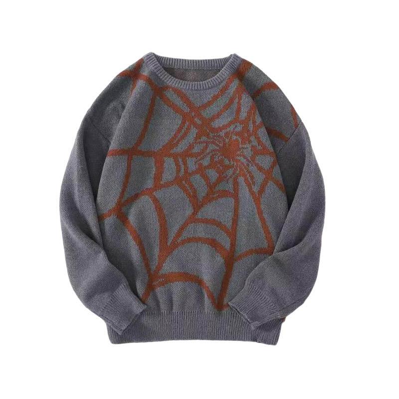 Fashion Men Autumn Winter New Style Round Neck Sweater American Retro Spider Web Pattern Jacquard Knitted Base Layer Top