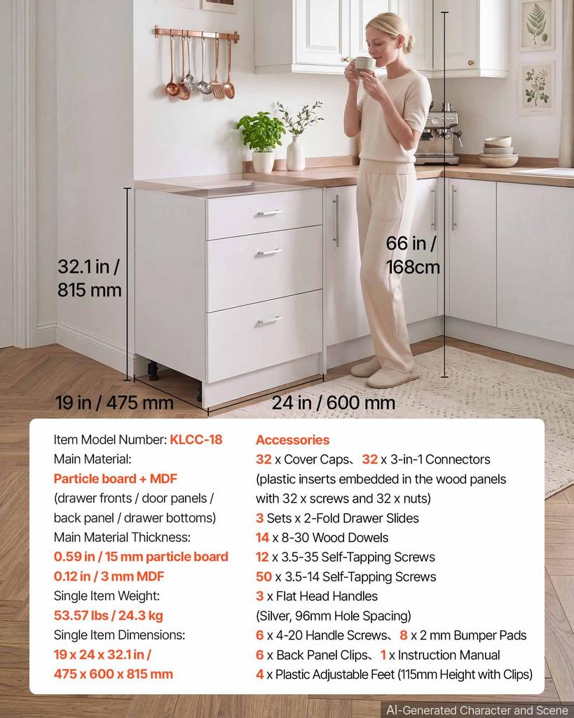 VEVOR White Shaker Base Cabinet Ready to Assemble 60cmW Unassembled Cabinet, 600x475x815 mm(W x D x H), with 3 Drawers, Smooth Slide Rail, for Home