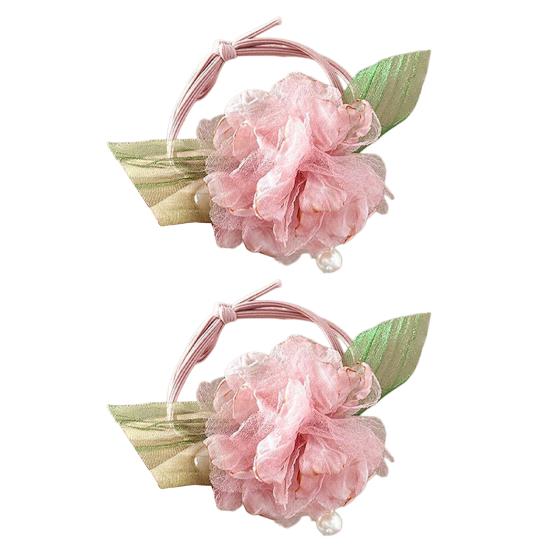 

2 шт. Резинка для волос Высокоэластичная Резинка для волос Веревка для волос с Ручной работы Органзовыми цветами Имитация жемчуга Подвеска Держатель для хвоста Аксессуары для волос розовый
