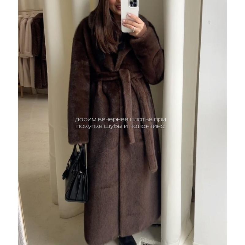 Damen S Faux Fur Langer Mantel Mit Gürtel Dicke Warme Oberbekleidung