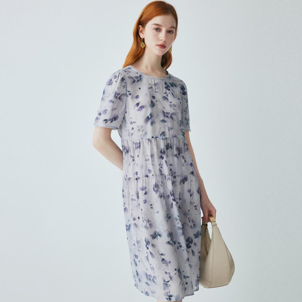 100% mulberry silk: Summer new round neck age reducing floral dress, elegant and slimming silk dress