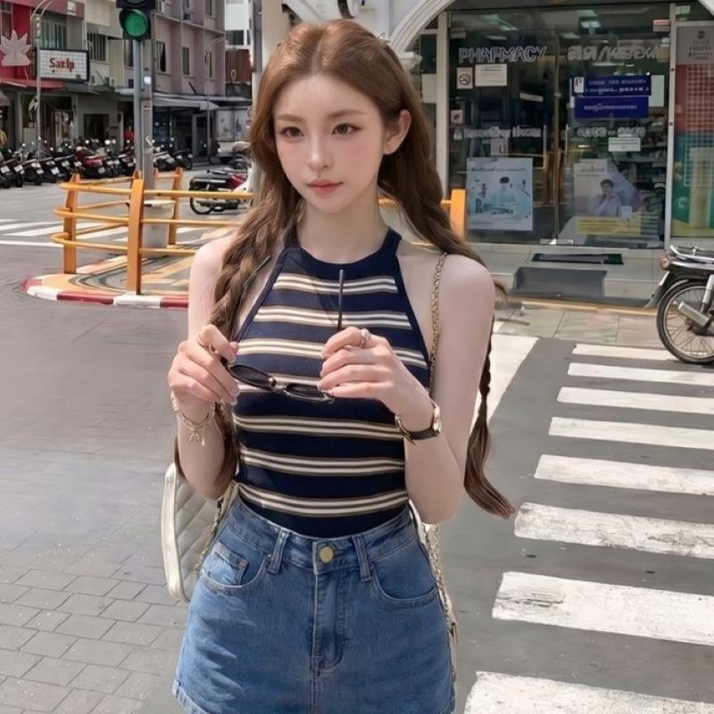 Summer new American Spice Girl style striped knitted neck vest women's waist and thin temperament versatile top
