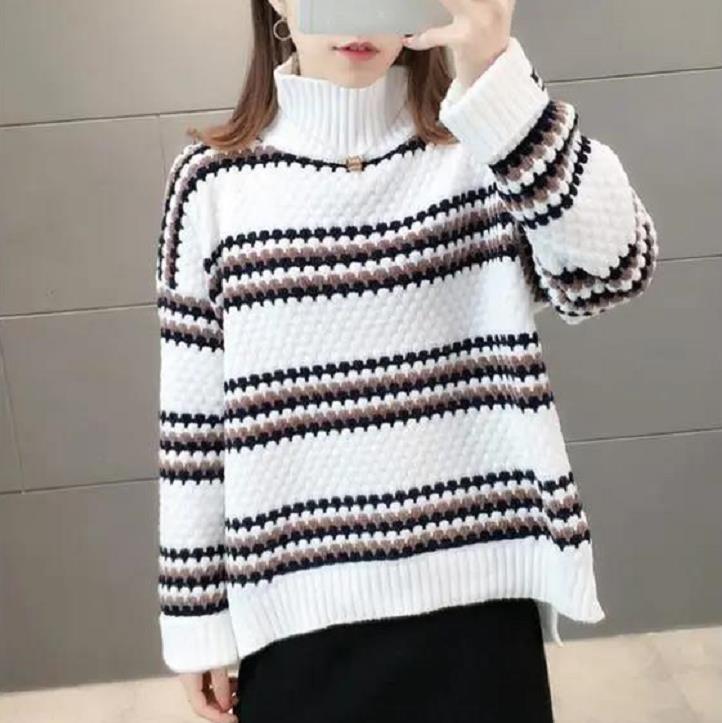Women Knitted Sweater Ladies High Neck Long Sleeve Casual Loose Sweater Fall/winter Thick Warm Bottoming Sweater