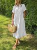 Women Striped Shirt Dress Short Sleeve Lapel Casual Midi Dress with Asymmetric Hem