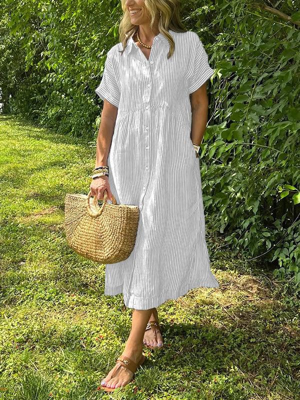 Women Striped Shirt Dress Short Sleeve Lapel Casual Midi Dress with Asymmetric Hem
