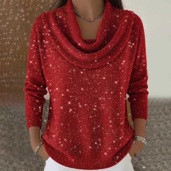 Women Tops Swing Collar Long Sleeve Shiny Rhinestones Pullover Tops Loose Fit Solid Color Flash