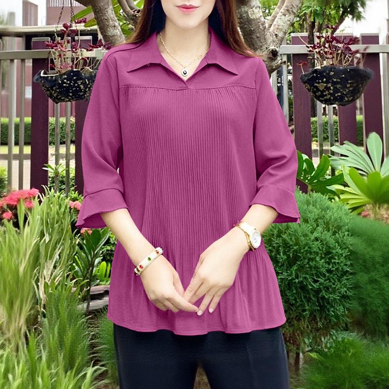 ZANZEA Damen Casual Umlegekragen 3/4 Ärmel Lockere Bluse