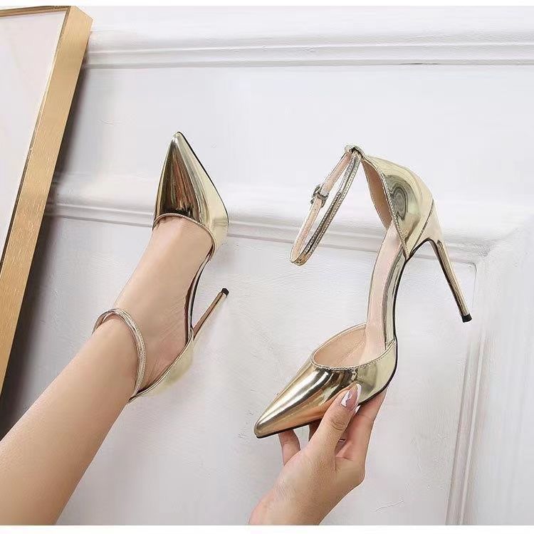 One-word buckle with pointed head, thin heel, shallow mouth, hollow high heels, 2025 spring and summer new French versatile bag head high heels