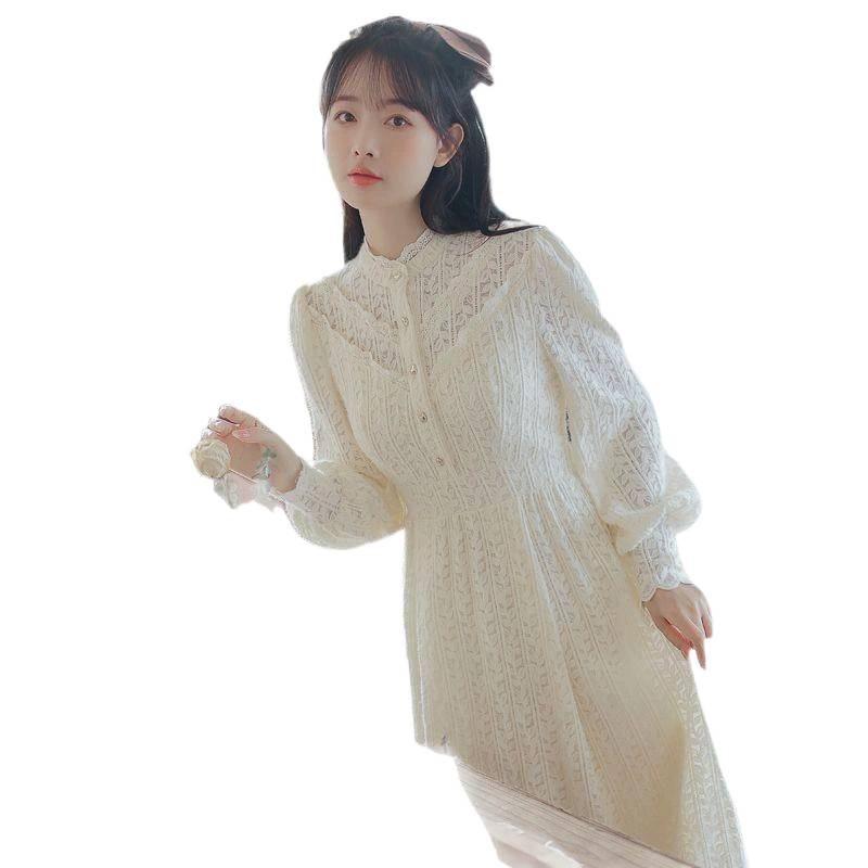 Women's Mid-Length Fleece-Lined French Lace Dress: Ideal for Petite Figures in Autumn & Winter