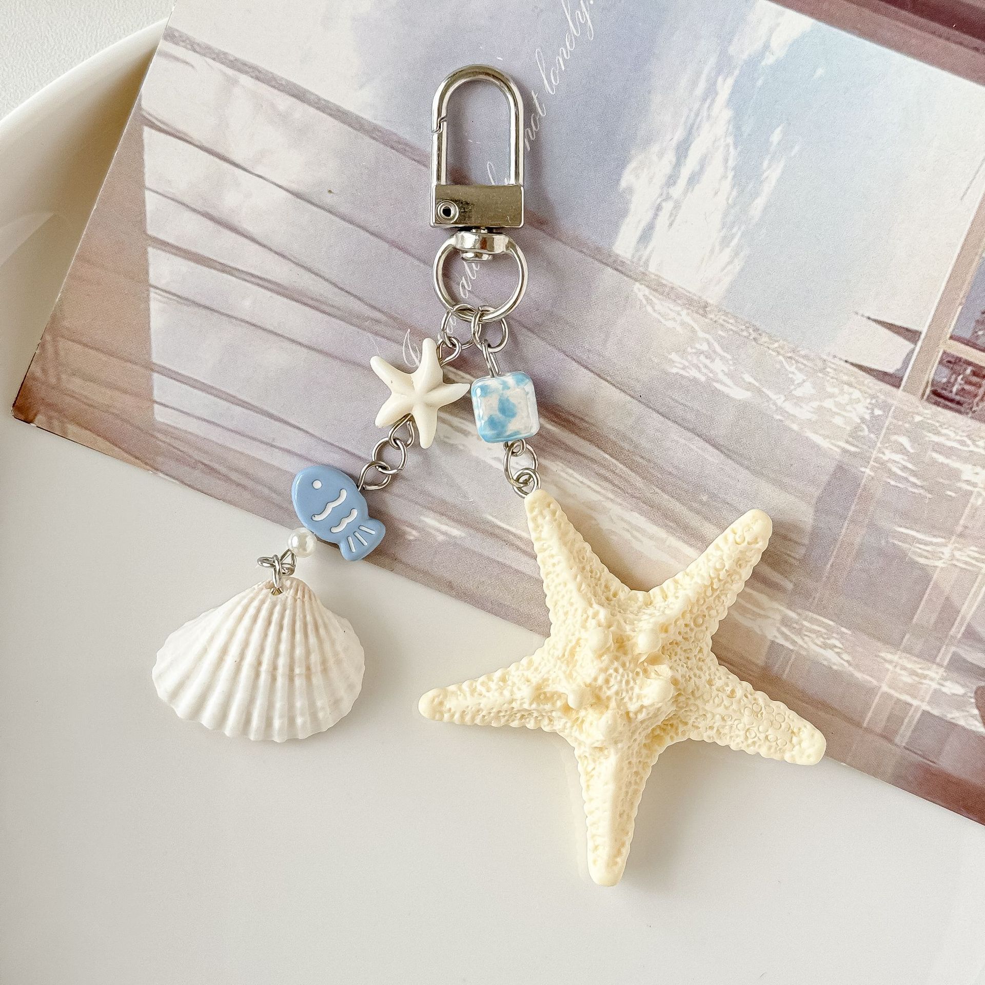 Starfish Keychain with Shell and Fish Charms Metal Hook Clip for Bag Purse Phone Pendant Accessory One Size